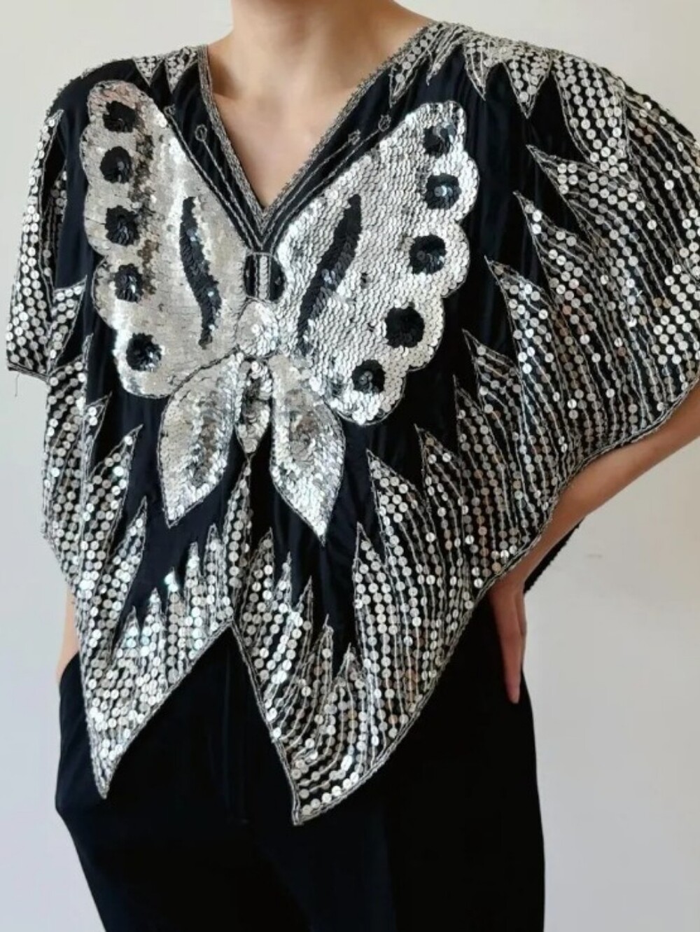 Vintage silk black and silver sequin butterfly shimmering poncho top